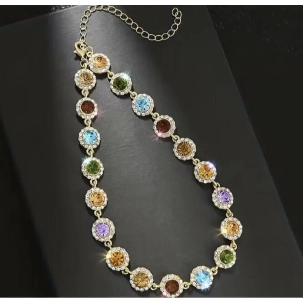 14K Gold Plated Rhinestones Multicolor Necklace Stainless Steel Jewelry Womens